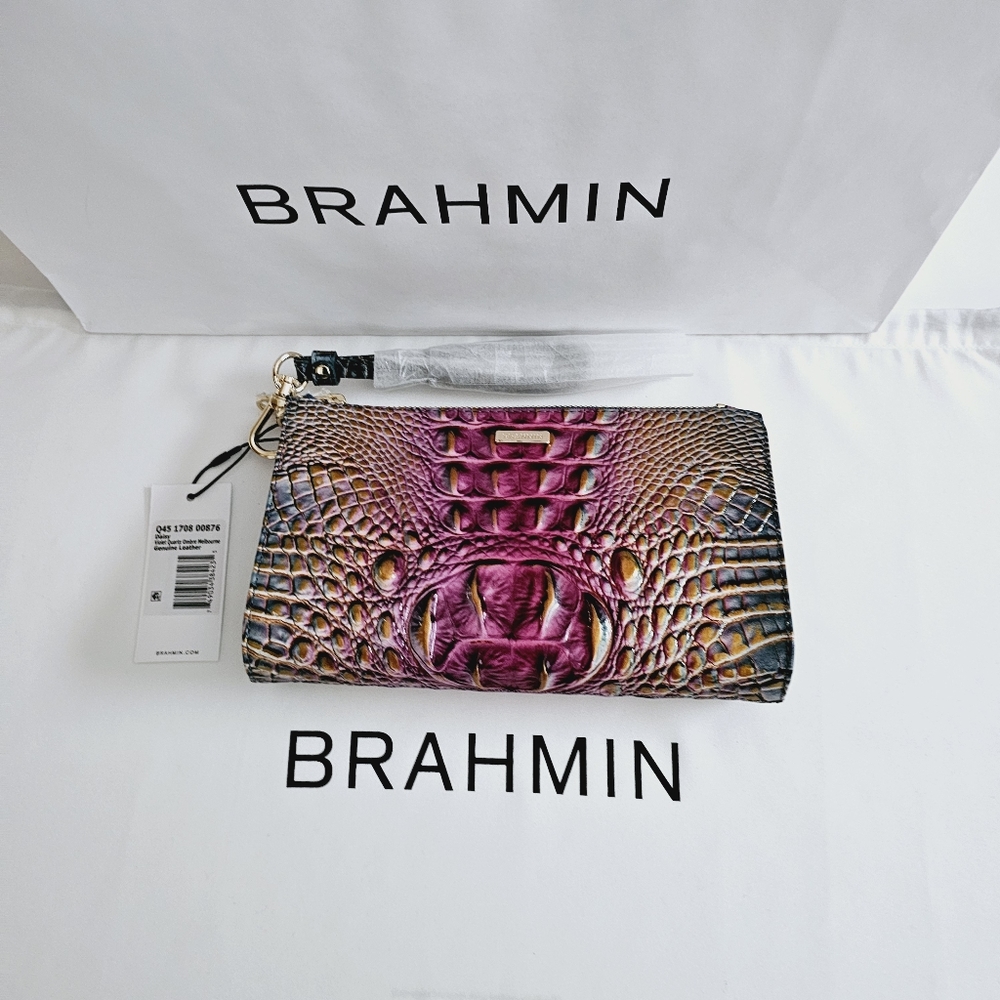 Brahmin Purple Brown Embossed Leather Wristlet Clutch - Picture 8 of 16